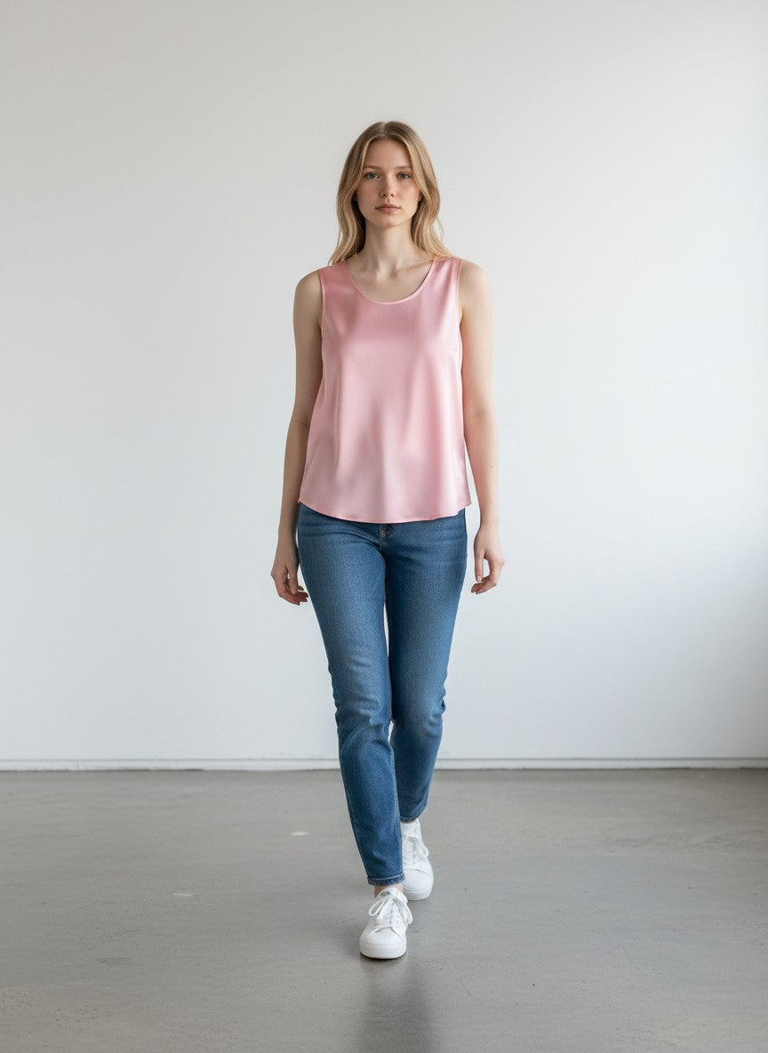 BERLIN VINTAGE CORNER pink silk blend sleeveless tank top with a subtle sheen and elegant drape.