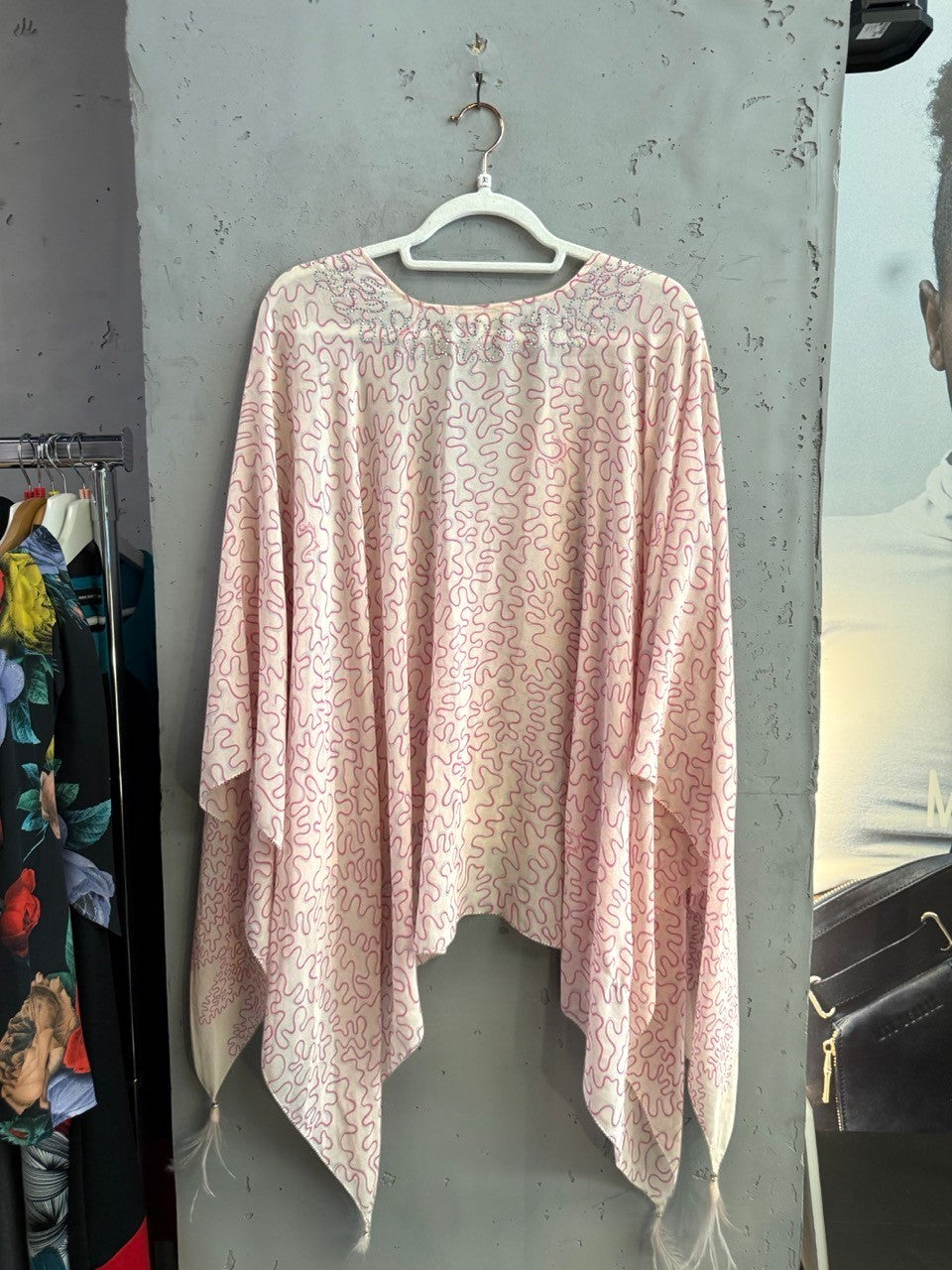 BERLIN VINTAGE CORNER pink squiggle pattern kaftan top with crystal embellished neckline and feather hem detail