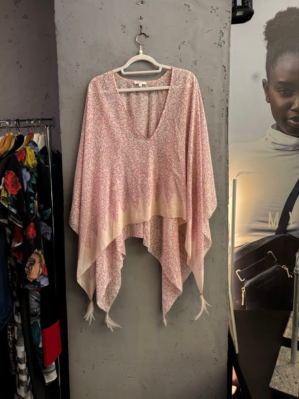 BERLIN VINTAGE CORNER pink squiggle pattern kaftan top with crystal embellished neckline and feather trimmed hem.