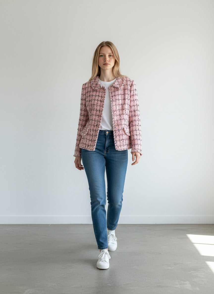 BERLIN VINTAGE CORNER pink tweed jacket with black and white plaid pattern, frayed trim, and button-down front.