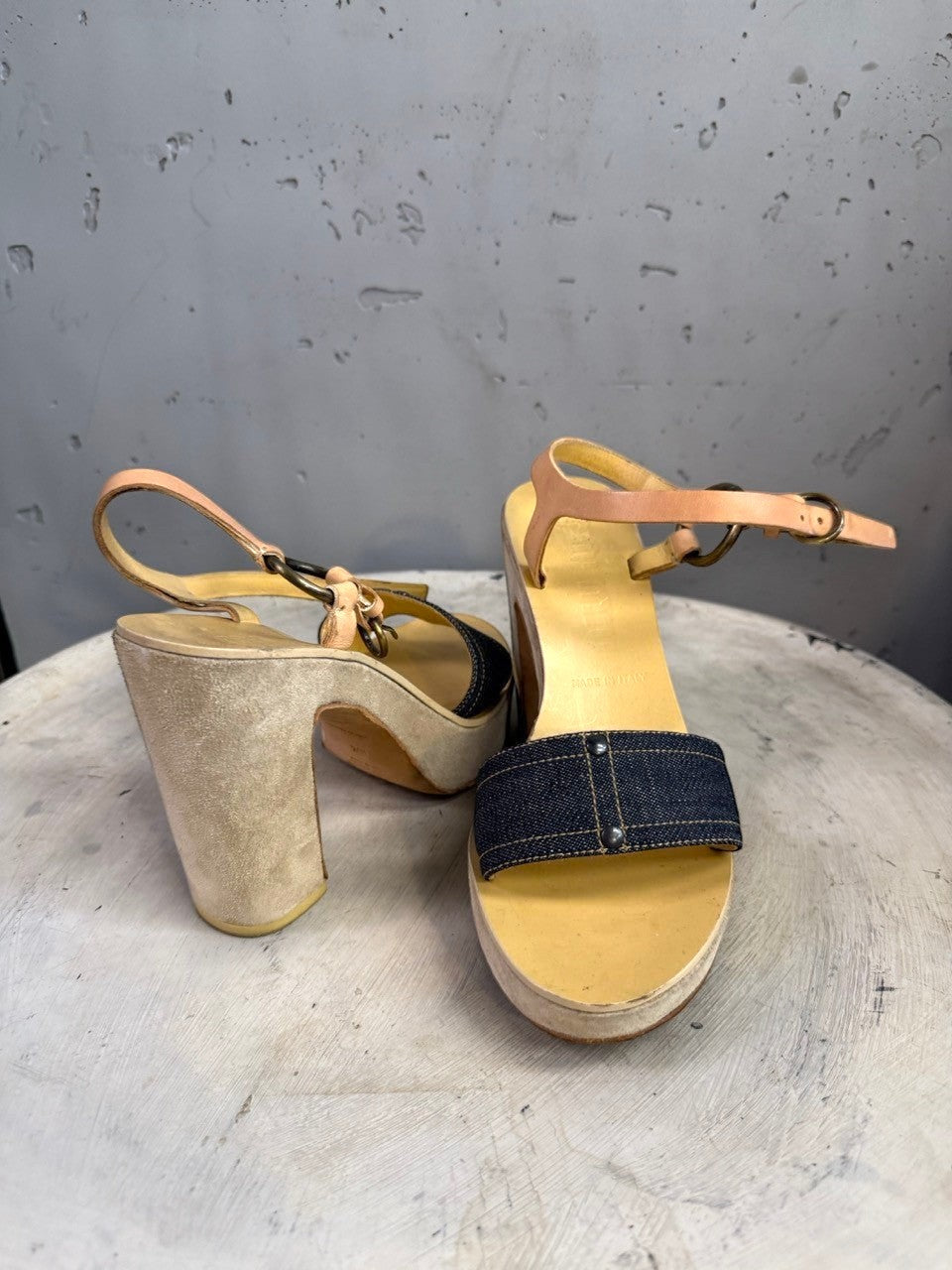 BERLIN VINTAGE CORNER Platform block heel sandals with denim strap detail, light tan leather ankle strap, and beige suede heel.