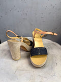 BERLIN VINTAGE CORNER Platform block heel sandals with denim strap detail, light tan leather ankle strap, and beige suede heel.