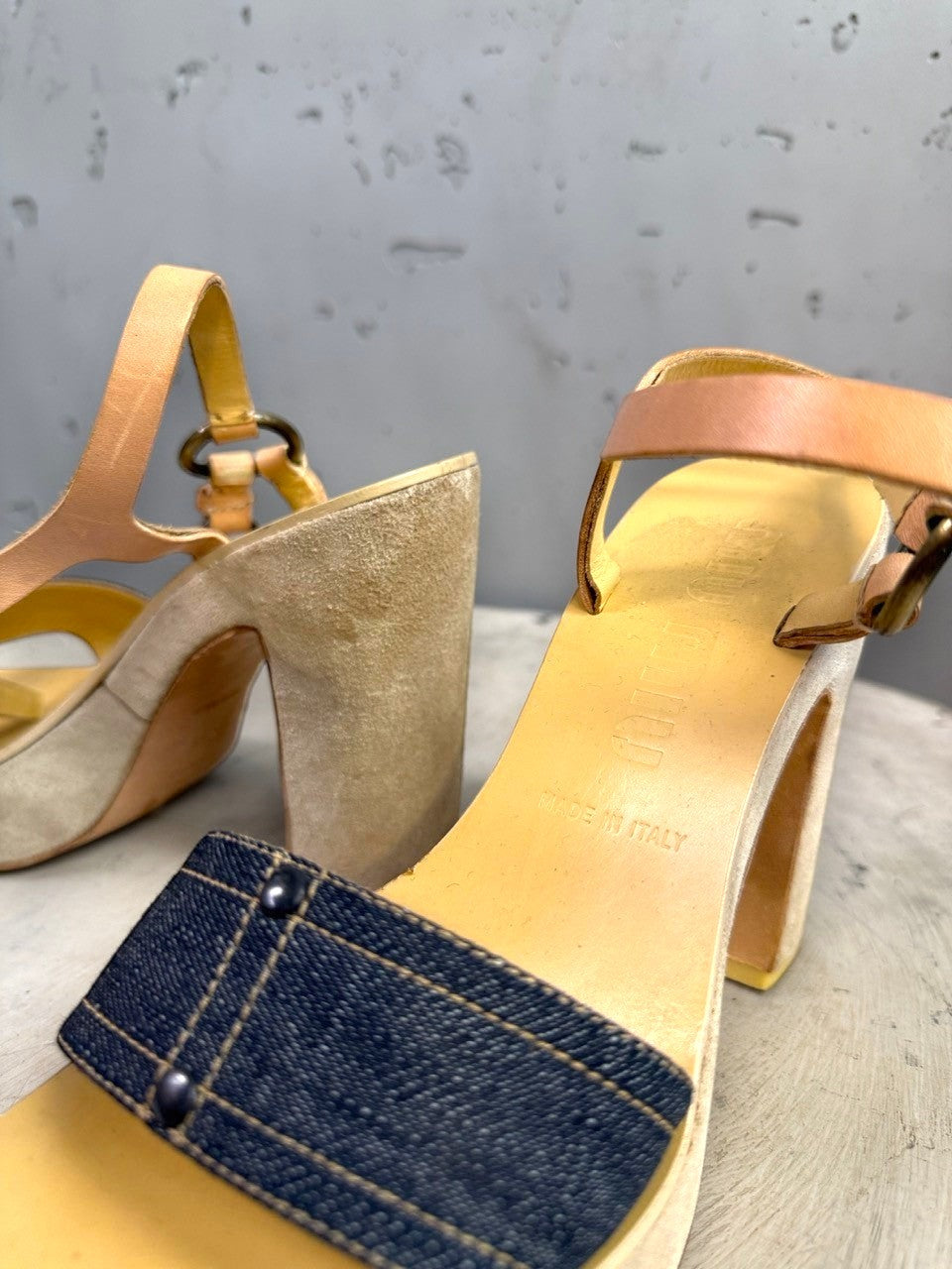 BERLIN VINTAGE CORNER platform block heel sandals with denim strap, tan leather ankle strap, and beige suede heel.