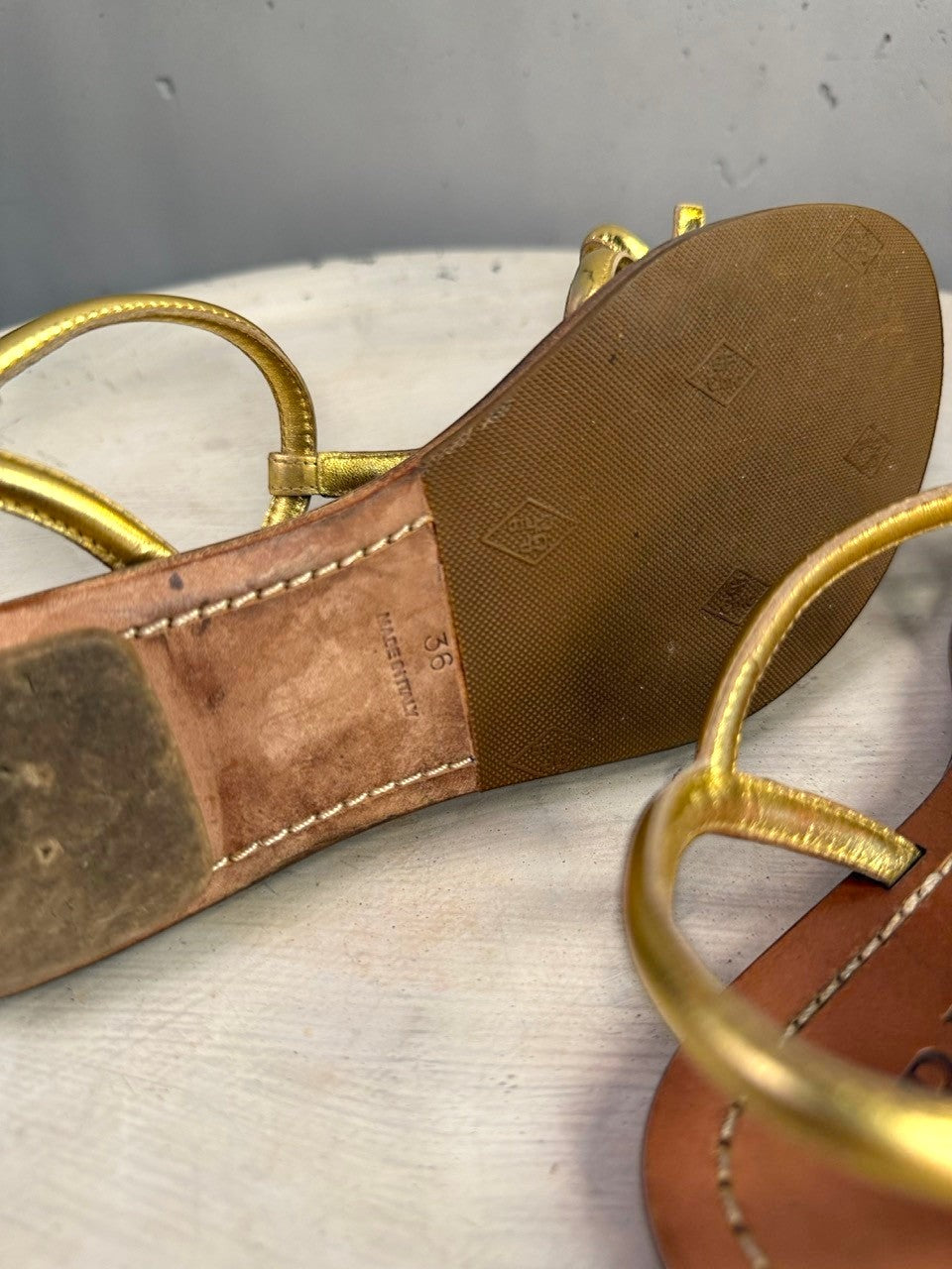 BERLIN VINTAGE CORNER Prada metallic gold leather flat sandals with bow detail and brown leather sole