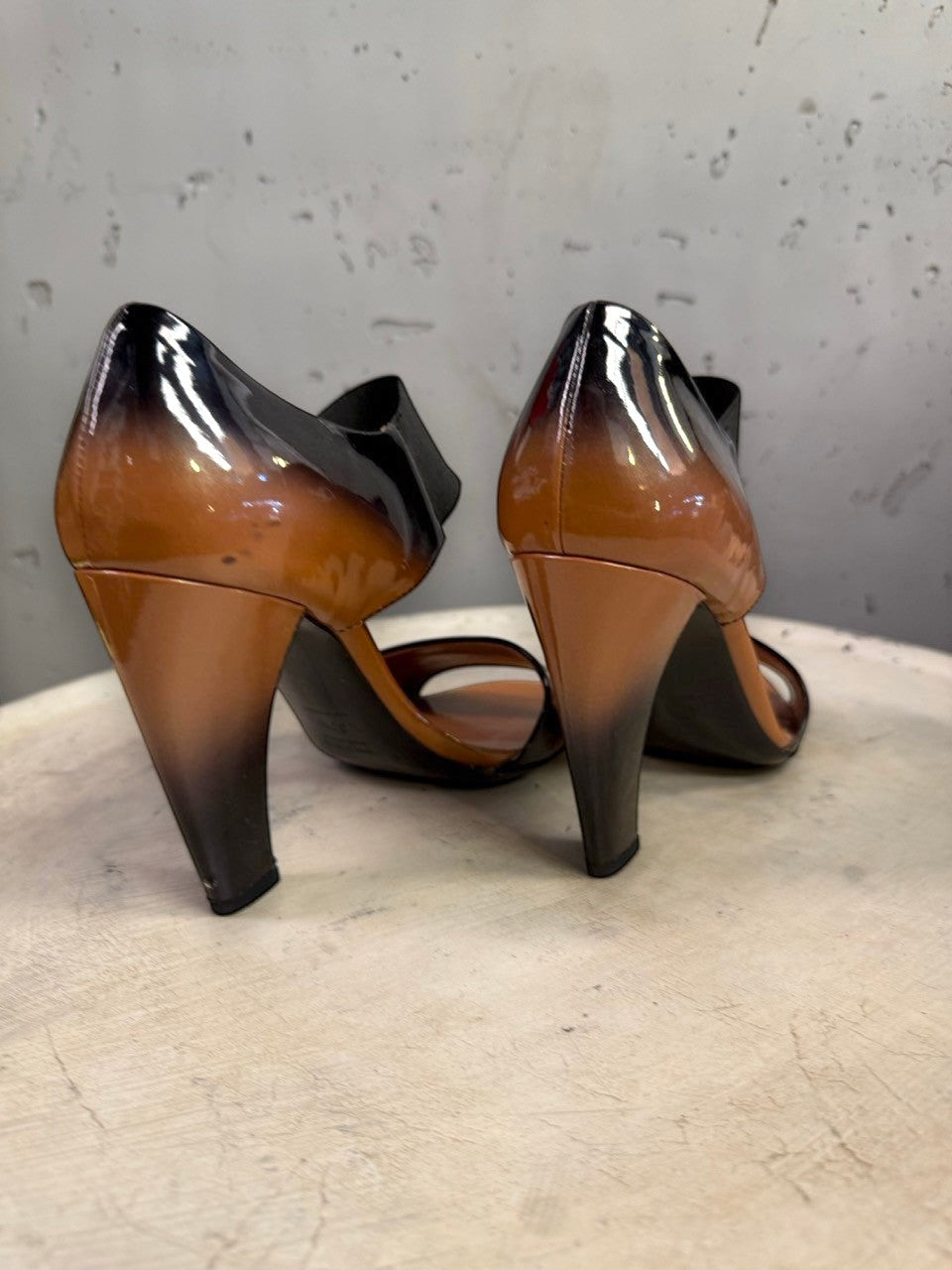 BERLIN VINTAGE CORNER Prada patent leather high heel sandals with a tan to black ombre finish and architectural heel.