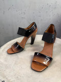 BERLIN VINTAGE CORNER Prada patent leather high heel sandals with an ombre tan to black finish and elastic straps.