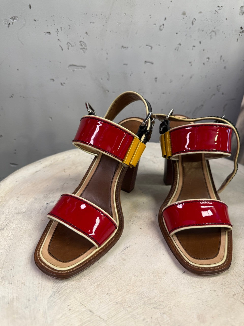 BERLIN VINTAGE CORNER Prada multi-colored patent leather block heel sandals with adjustable ankle straps.