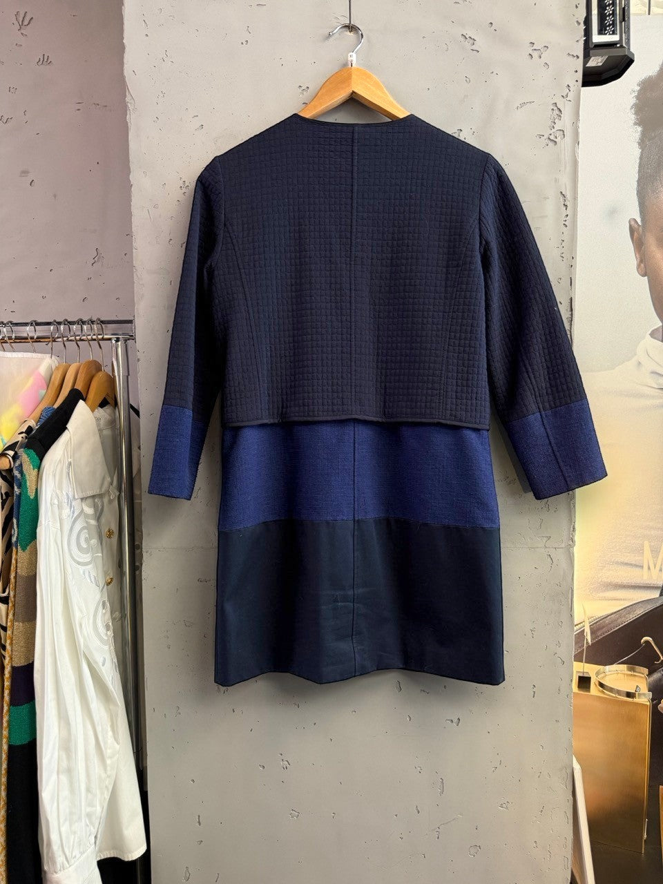 BERLIN VINTAGE CORNER navy quilted jacket with royal blue and navy colorblock skirt, round neckline, button front