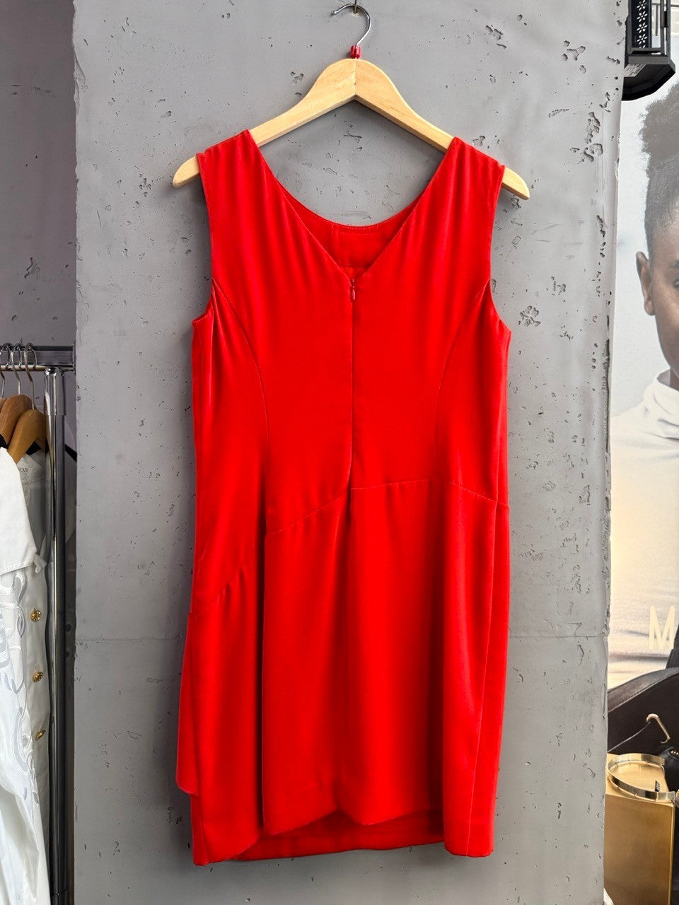 BERLIN VINTAGE CORNER red Armani Jeans sleeveless V-neck dress with asymmetrical hem and draped overlay.
