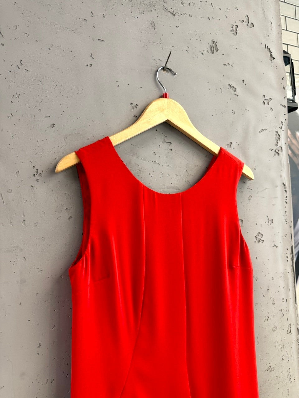 BERLIN VINTAGE CORNER red Armani Jeans sleeveless V-neck dress with asymmetrical hem and draped overlay.