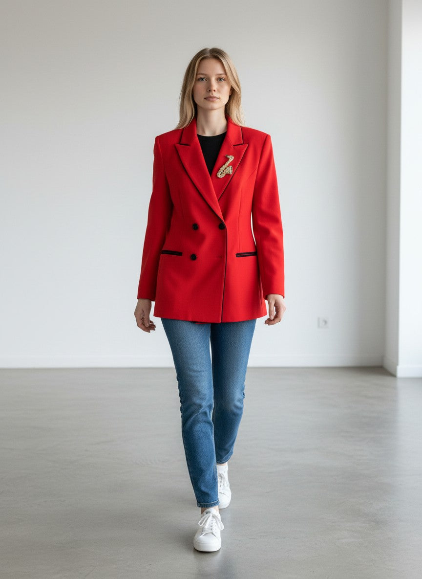 BERLIN VINTAGE CORNER red wool blend double-breasted blazer with black piping and button details. Features a saxophone brooch.