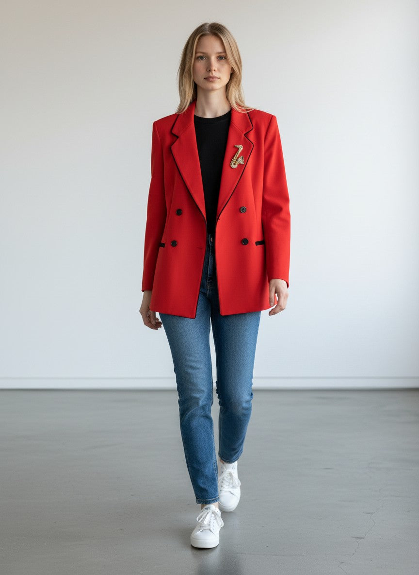BERLIN VINTAGE CORNER red wool blend double-breasted blazer with black piping and saxophone brooch.