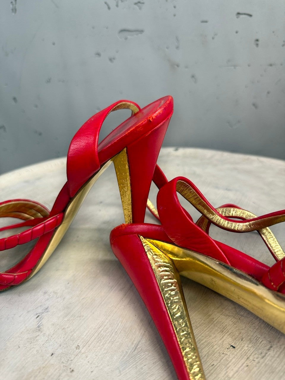 BERLIN VINTAGE CORNER red leather strappy high heel sandals with gold detailing and braided vamp.