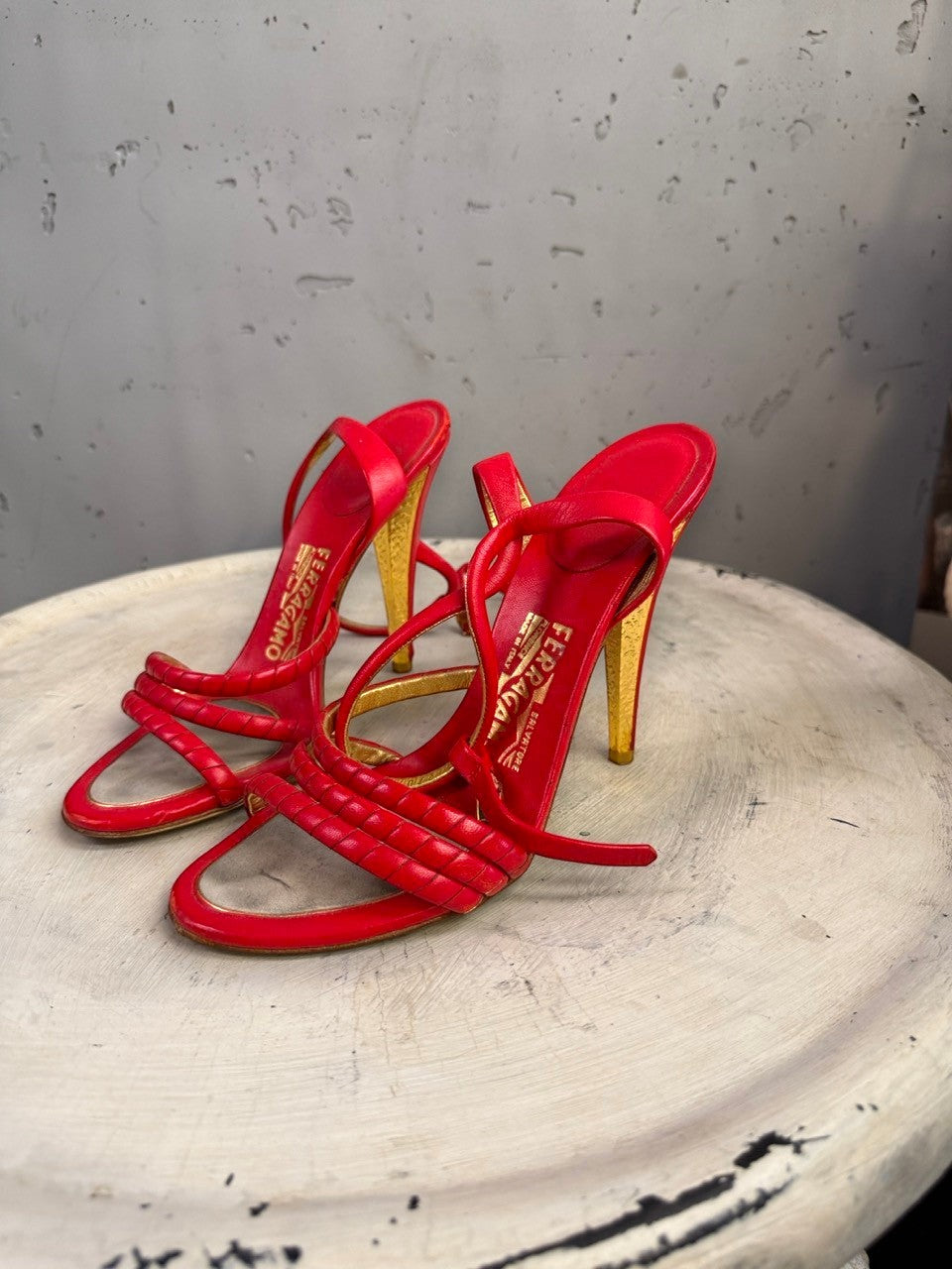 BERLIN VINTAGE CORNER red leather strappy high heel sandals with gold detailing and braided vamp.