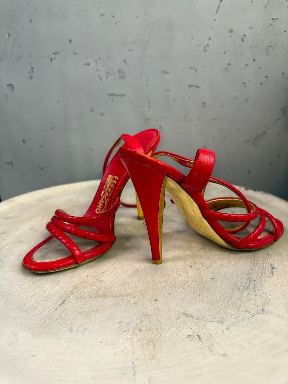 BERLIN VINTAGE CORNER red leather strappy high heel sandals with gold heel and braided detail