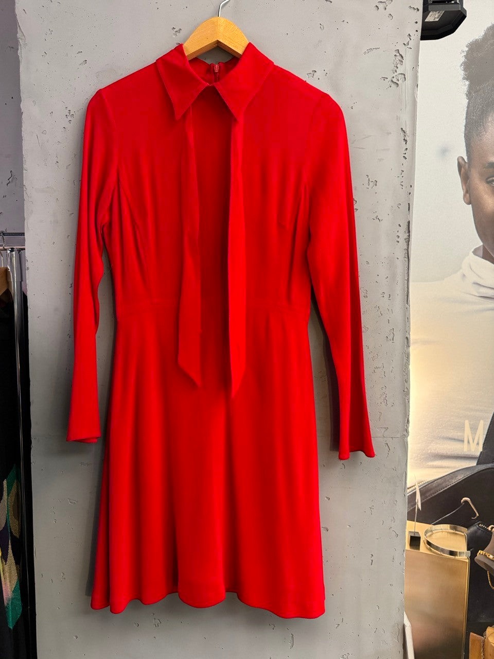 BERLIN VINTAGE CORNER red long sleeve mini dress with collar and tie detail, fitted waist, A-line skirt.