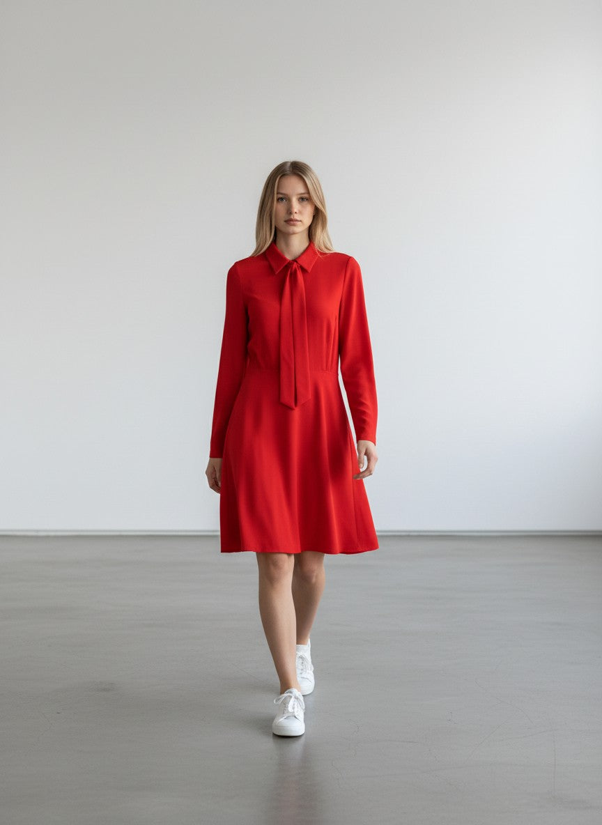 BERLIN VINTAGE CORNER red long sleeve mini dress with collar and tie detail, fitted waist, A-line skirt