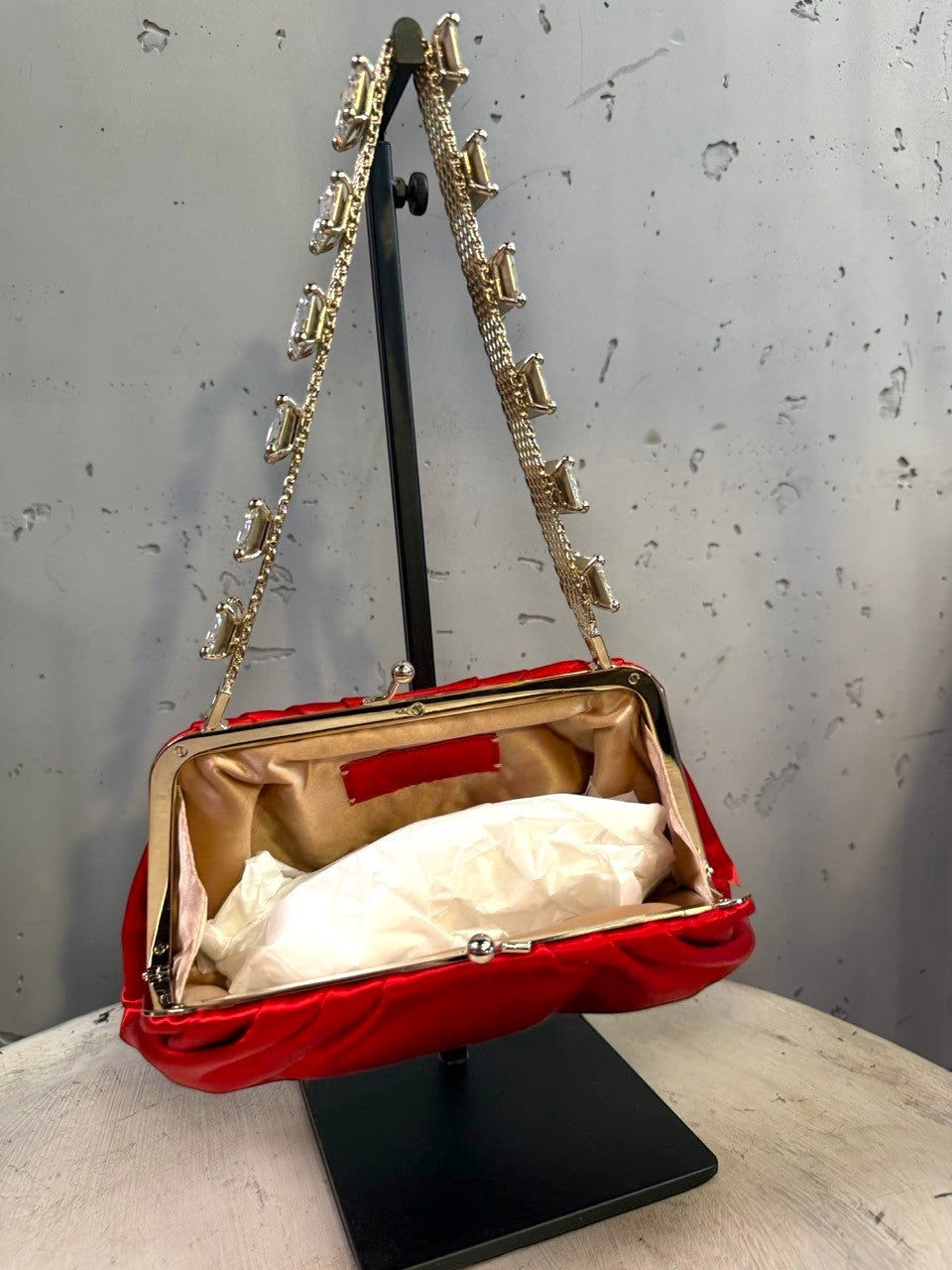 BERLIN VINTAGE CORNER red satin ruched evening clutch with ornate crystal-embellished chain strap