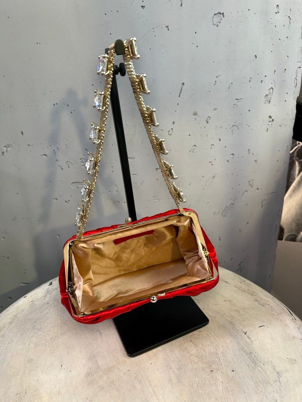 BERLIN VINTAGE CORNER red satin ruched evening clutch with ornate crystal and gold-tone chain strap