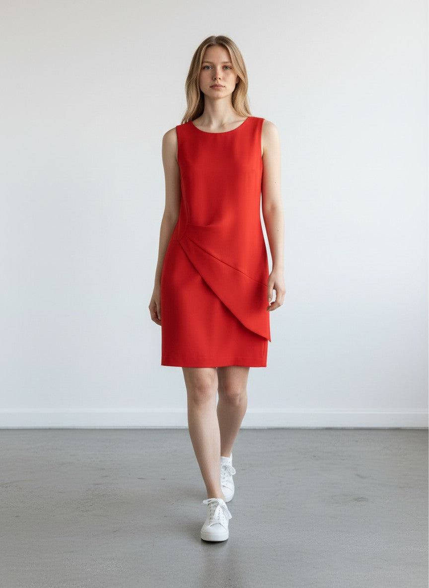 BERLIN VINTAGE CORNER red sleeveless V-neck dress with asymmetrical draped overlay and darting details.
