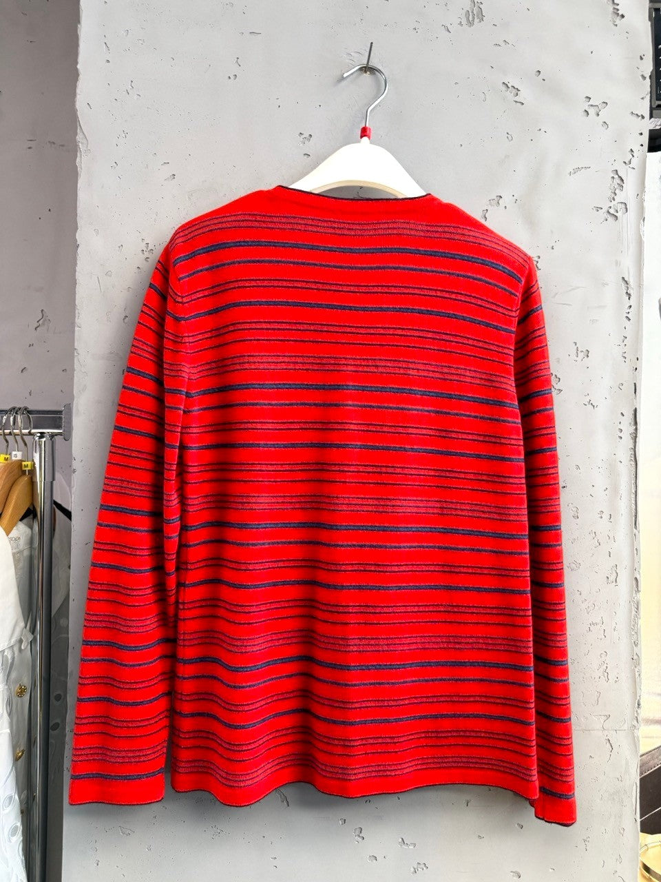 BERLIN VINTAGE CORNER red and navy striped V-neck cardigan sweater with button-down front.