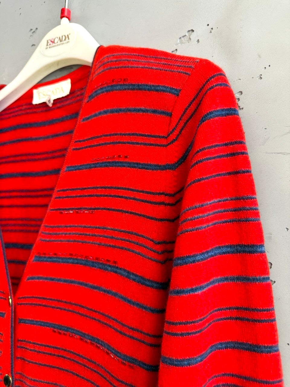 BERLIN VINTAGE CORNER red and navy striped V-neck cardigan sweater with button-down front and subtle metallic threads.