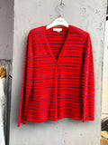 BERLIN VINTAGE CORNER red and navy striped V-neck button-down cardigan sweater with metallic threads