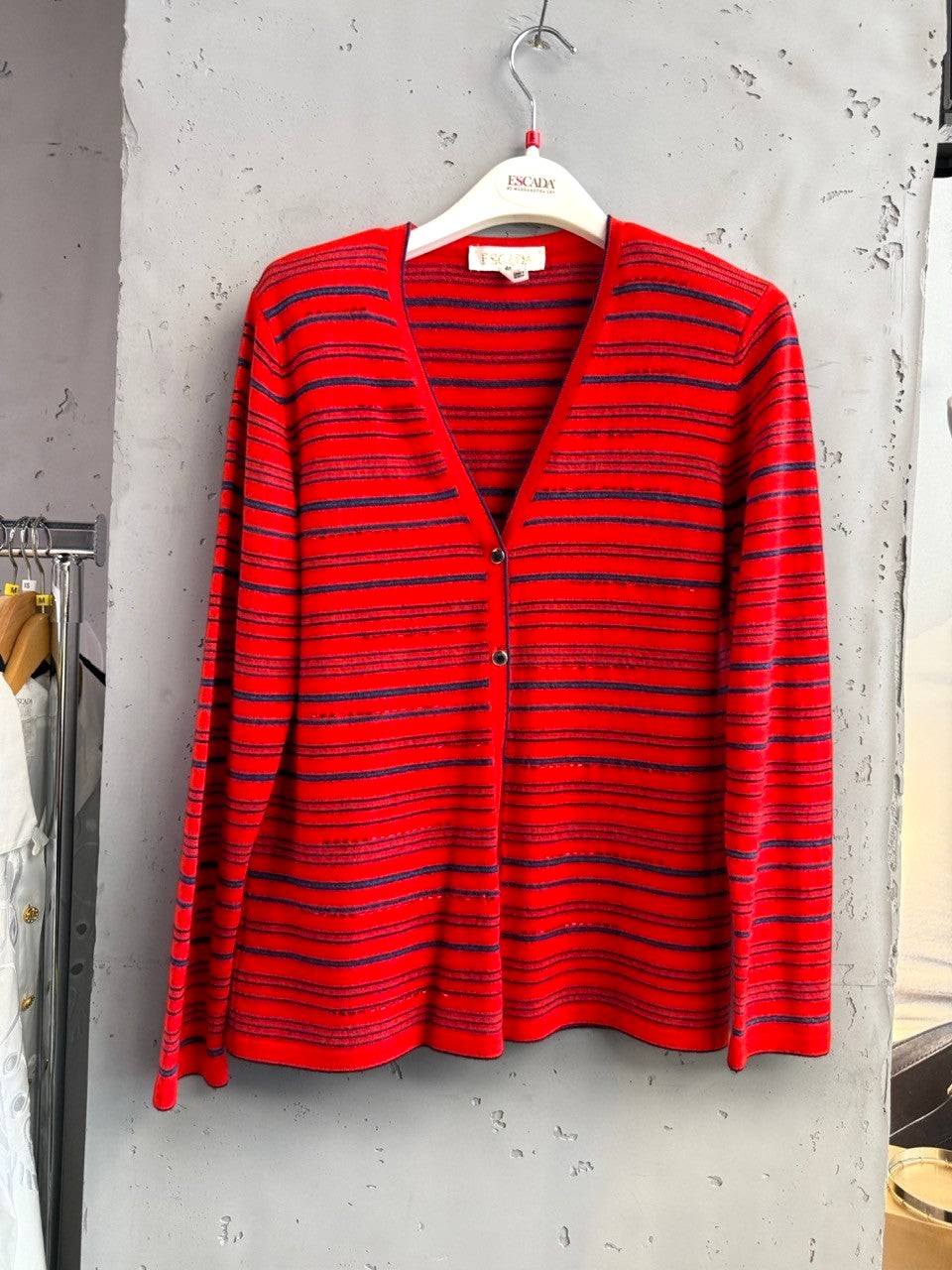 BERLIN VINTAGE CORNER red and navy striped V-neck button-down cardigan sweater with metallic threads