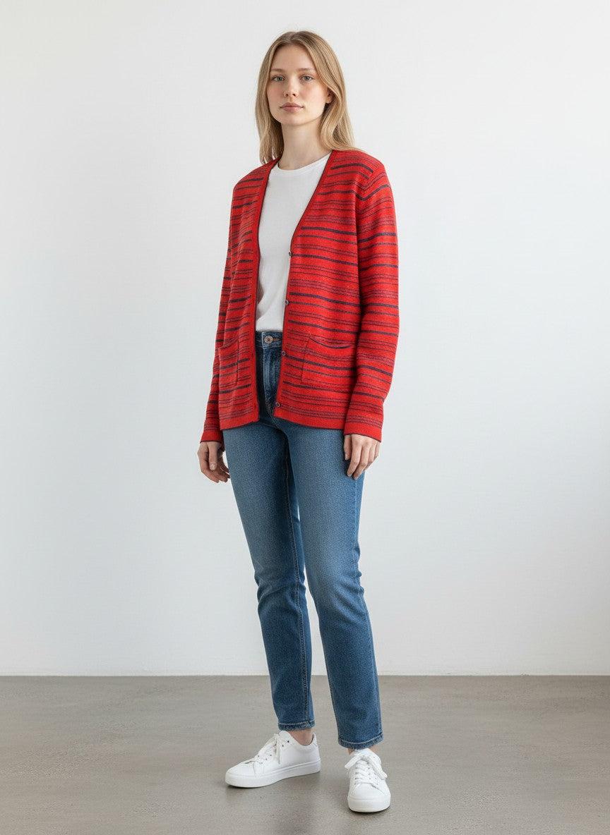 BERLIN VINTAGE CORNER red and navy striped V-neck button-down cardigan sweater with metallic threads.