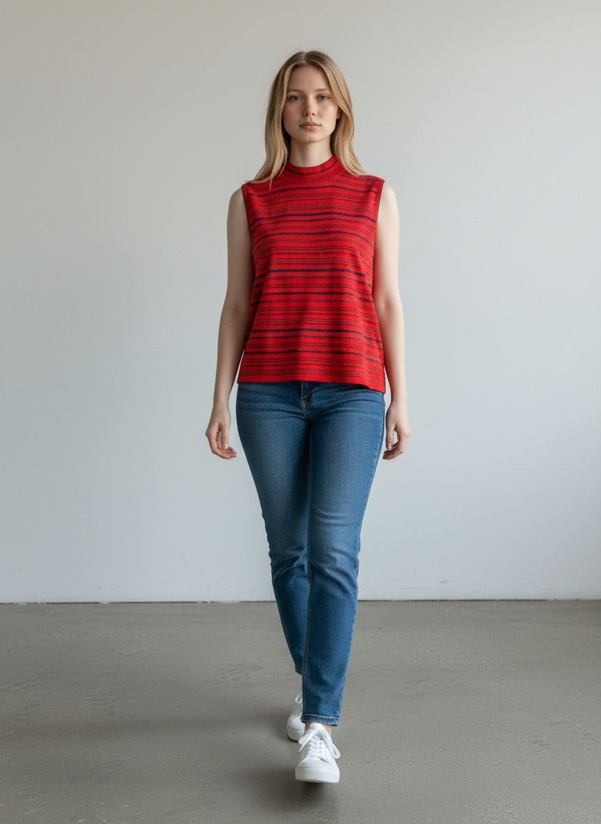 BERLIN VINTAGE CORNER red and navy blue striped sleeveless mock neck knit top with keyhole detail
