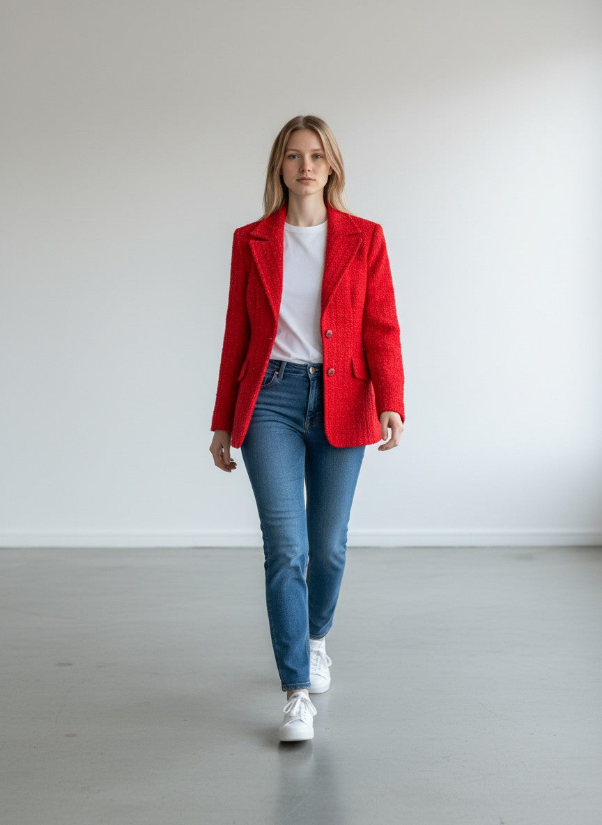 BERLIN VINTAGE CORNER red textured tweed blazer with classic collar and single button closure. Wool blend.