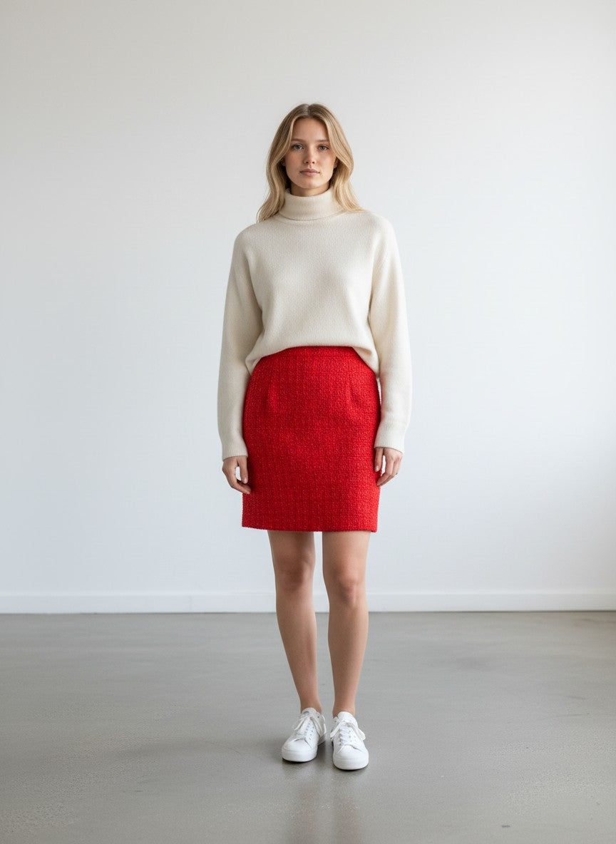 BERLIN VINTAGE CORNER red tweed mini skirt with Lurex shimmer, wool blend, back zipper