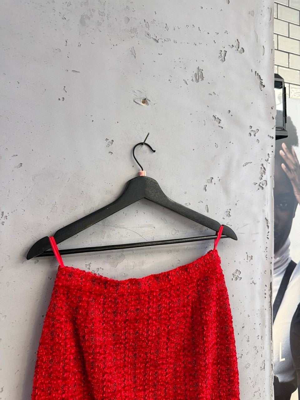 BERLIN VINTAGE CORNER red tweed mini skirt with Lurex shimmer, wool blend, back zipper closure.