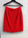 BERLIN VINTAGE CORNER red tweed mini skirt with Lurex shimmer, wool blend, back zipper closure.