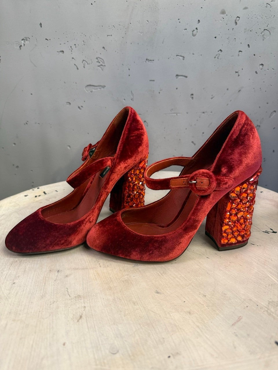 BERLIN VINTAGE CORNER red velvet Mary Jane pumps with crystal-encrusted block heels and buckled strap detail.