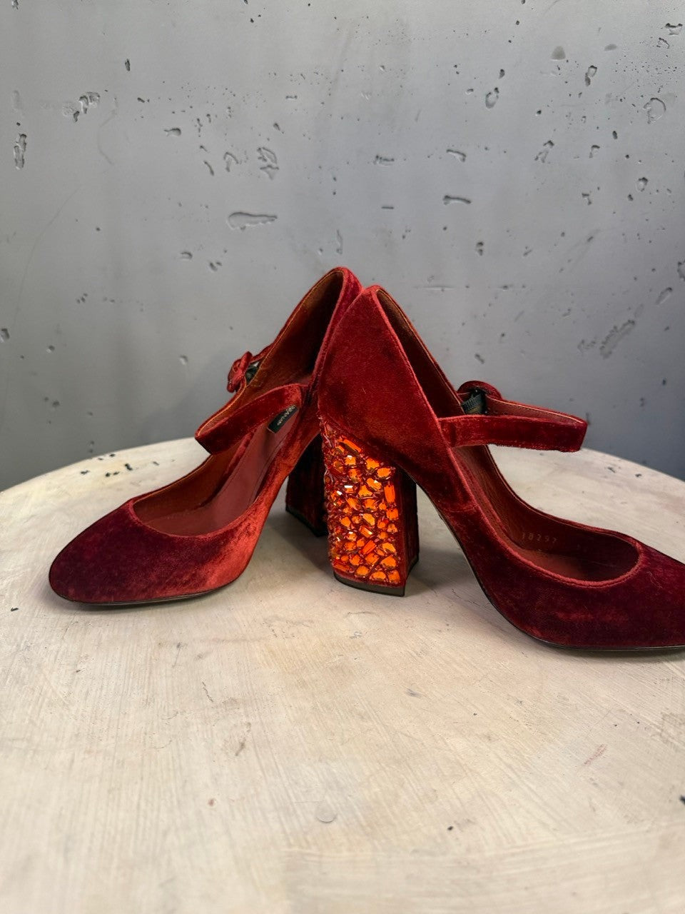 BERLIN VINTAGE CORNER red velvet Mary Jane pumps with crystal-encrusted block heels and strap detail.