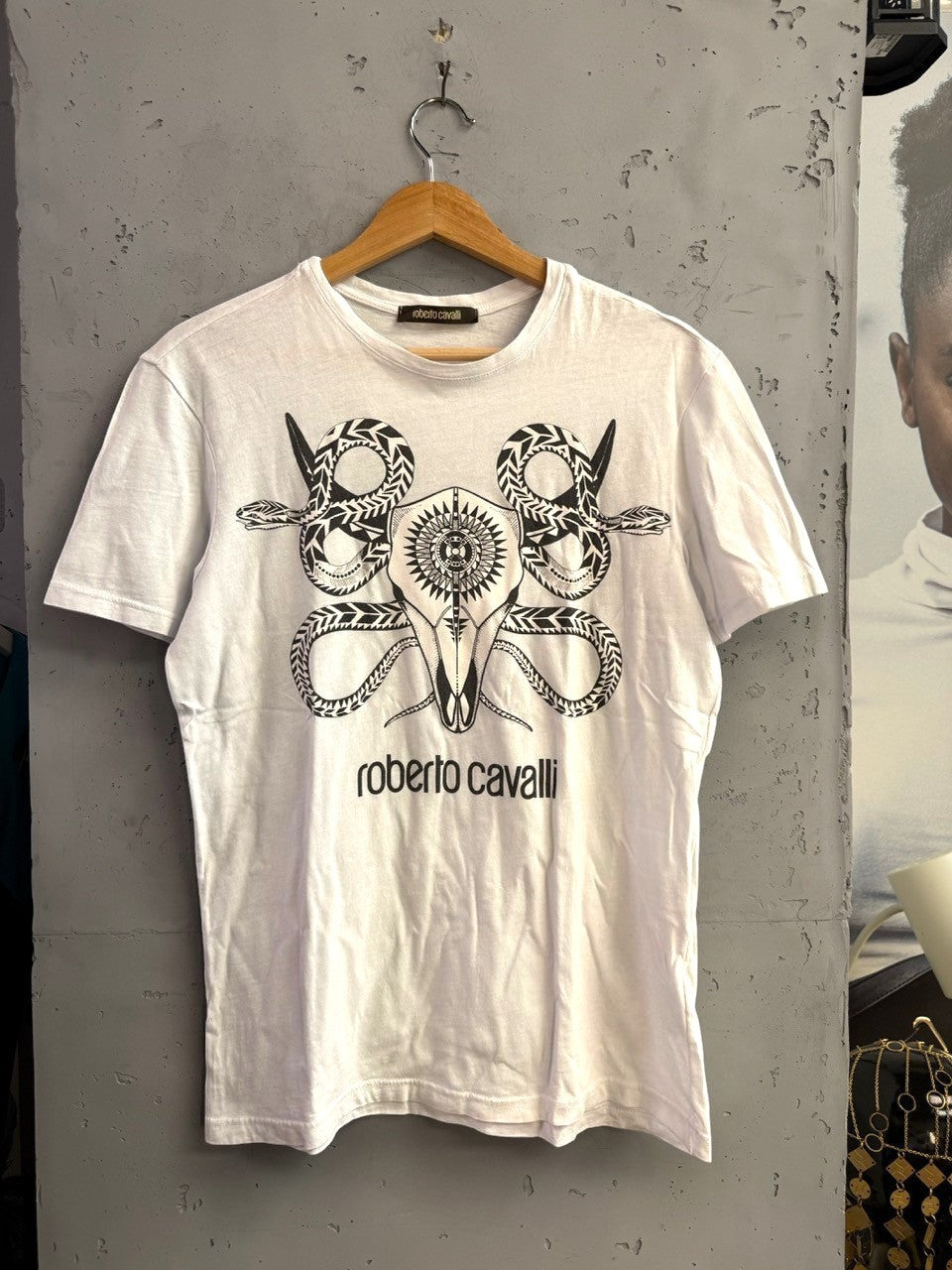 BERLIN VINTAGE CORNER white Roberto Cavalli cotton t-shirt with black graphic snake and skull print on a wooden hanger