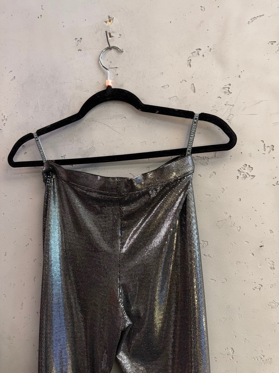 BERLIN VINTAGE CORNER roccobarocco metallic silver corset crop top with spaghetti straps on a black hanger