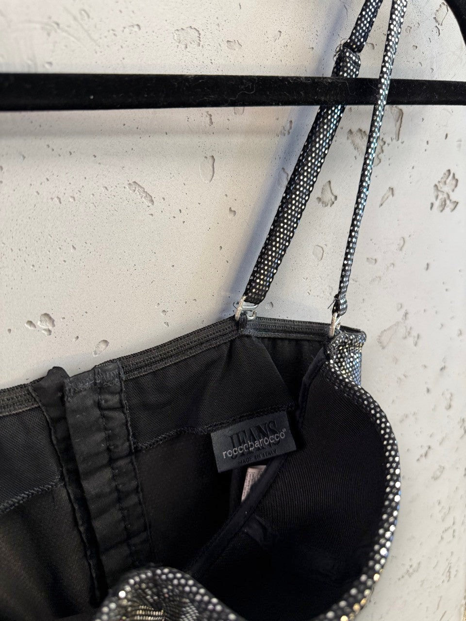 BERLIN VINTAGE CORNER roccobarocco metallic silver corset crop top with adjustable spaghetti straps and interior label