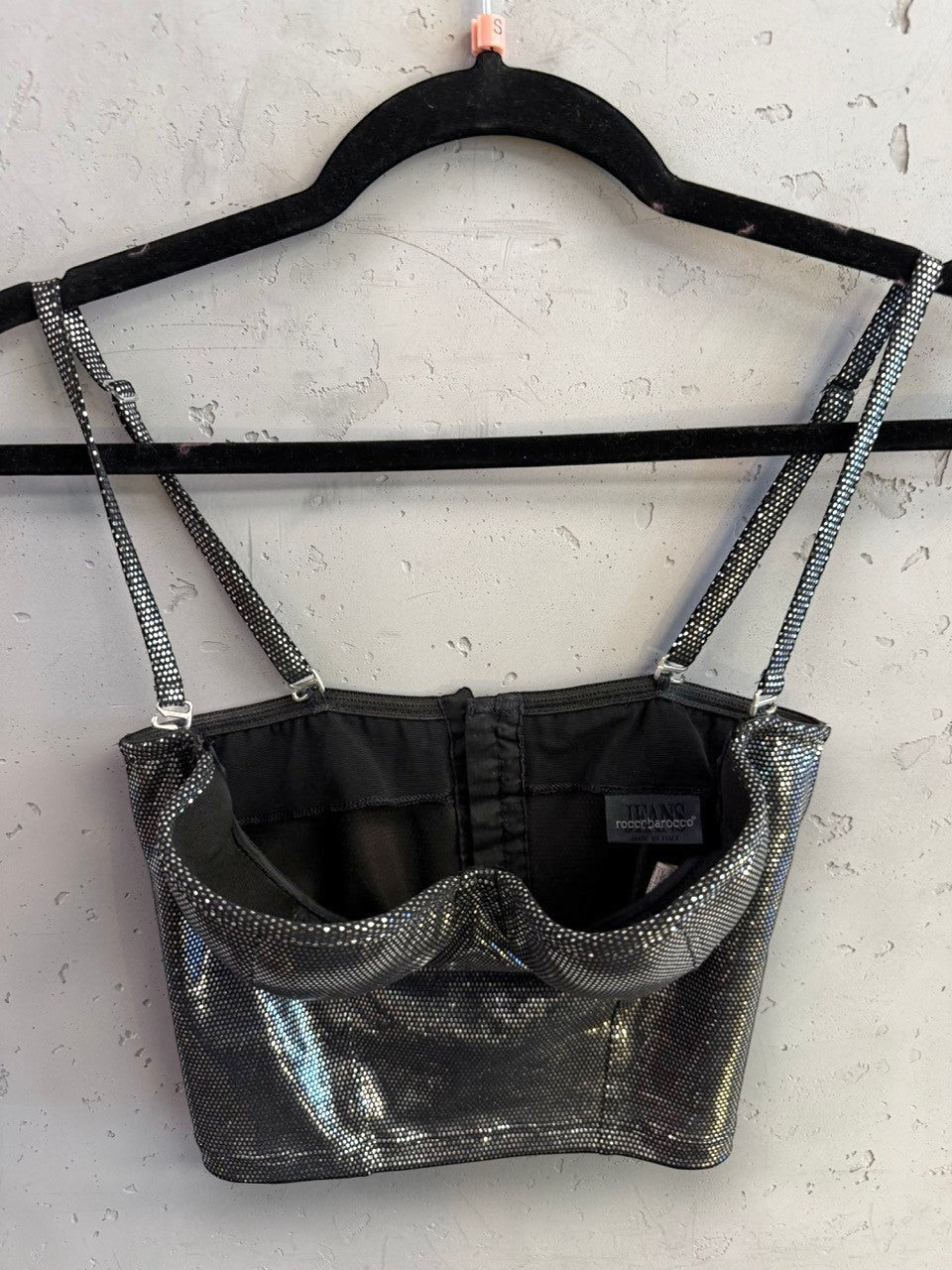 BERLIN VINTAGE CORNER roccobarocco metallic silver corset crop top with adjustable spaghetti straps on a hanger