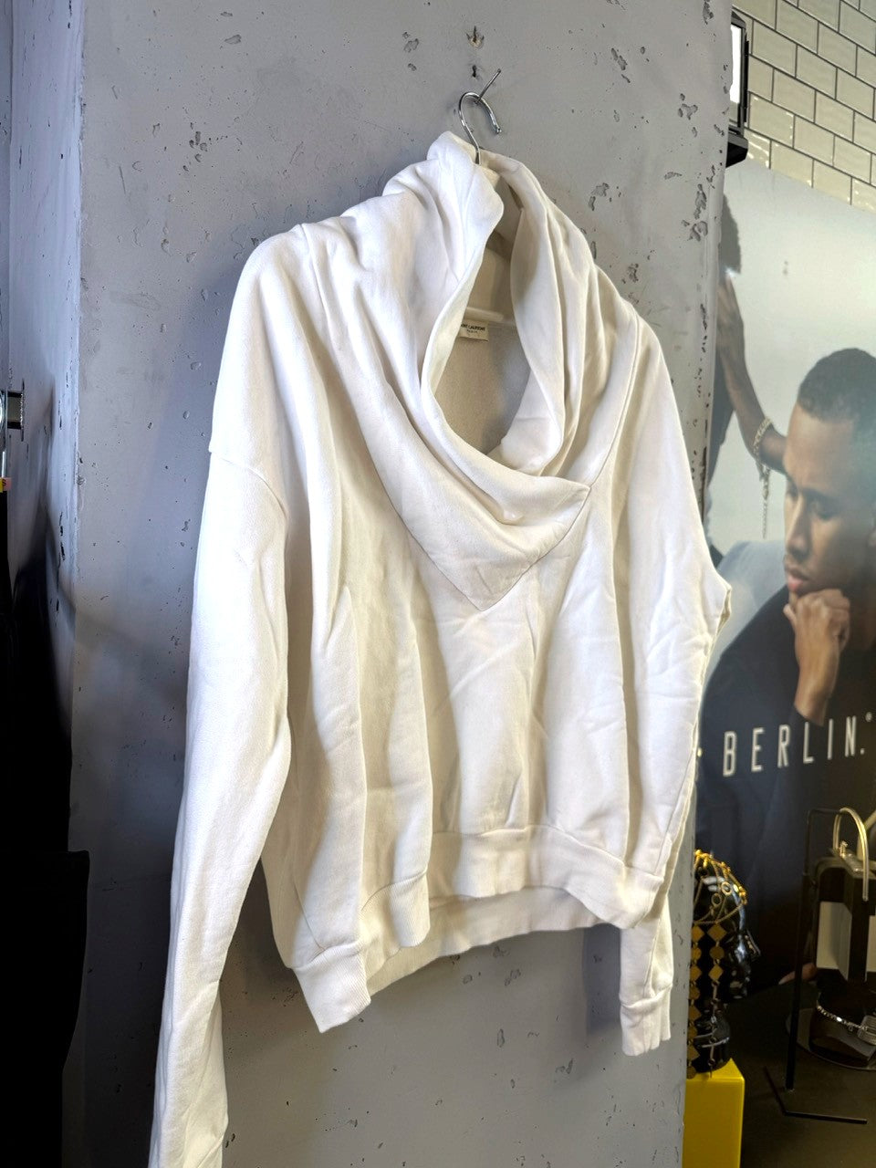 Saint Laurent white cowl neck hoodie, side view