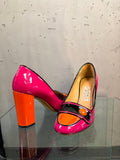 Salvatore Ferragamo fuchsia patent pumps with orange block heel