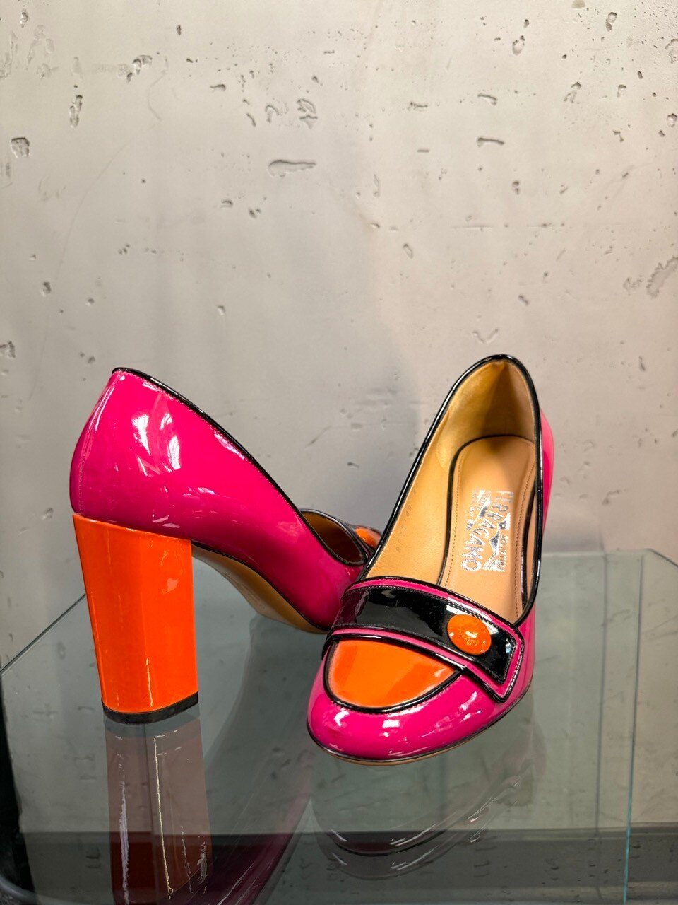 Salvatore Ferragamo fuchsia patent pumps with orange block heel