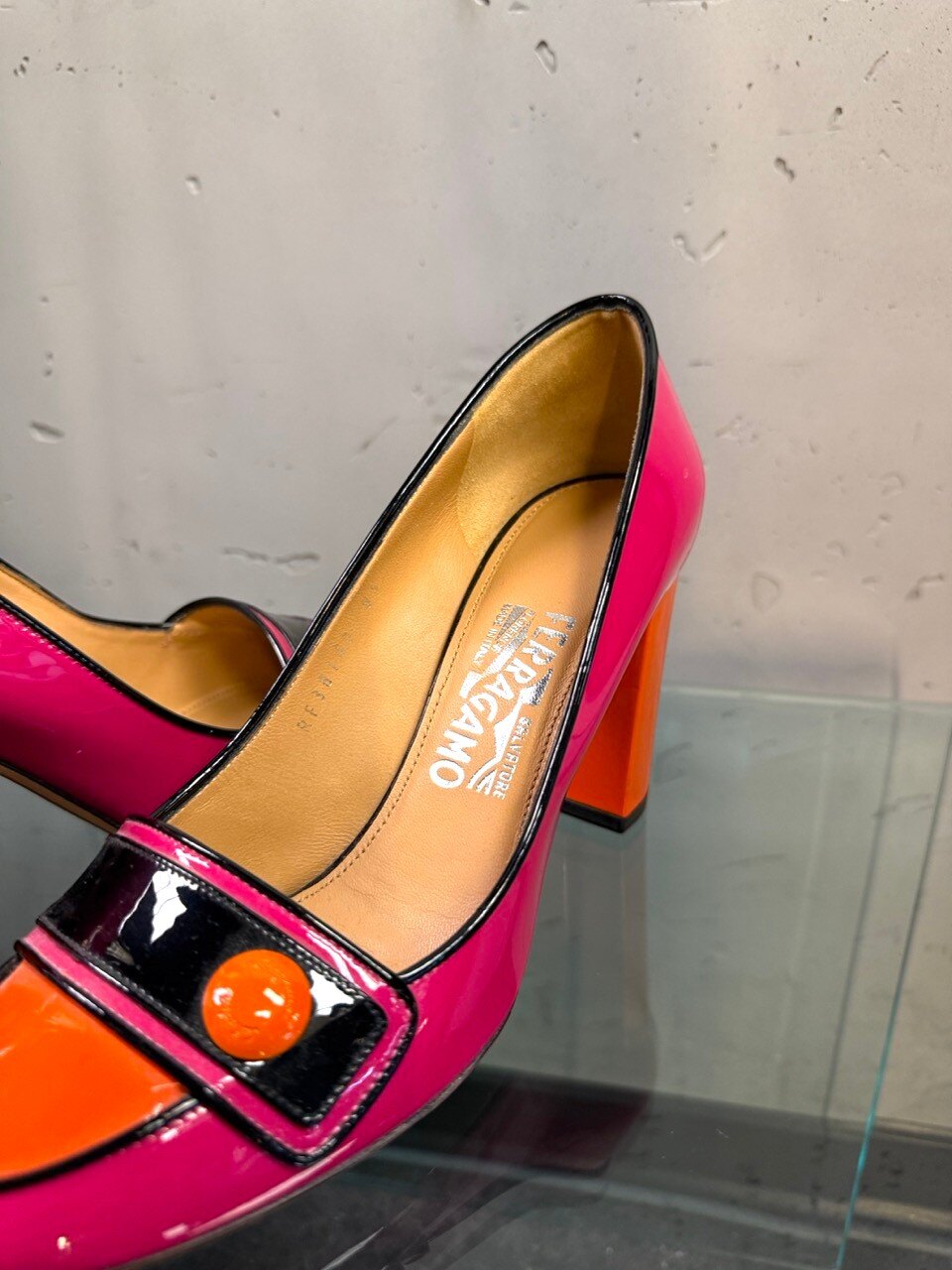 Ferragamo pumps, orange block heel from the side
