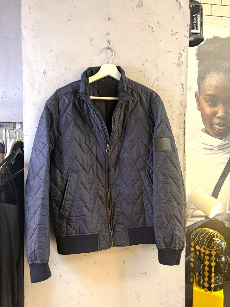 Salvatore Ferragamo navy quilted bomber jacket, front view