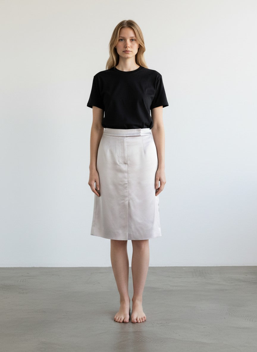 BERLIN VINTAGE CORNER light grey satin pencil skirt with tonal paneling and a flattering silhouette.