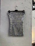 BERLIN VINTAGE CORNER strapless mini dress covered in shimmering silver sequins. Bandeau design.