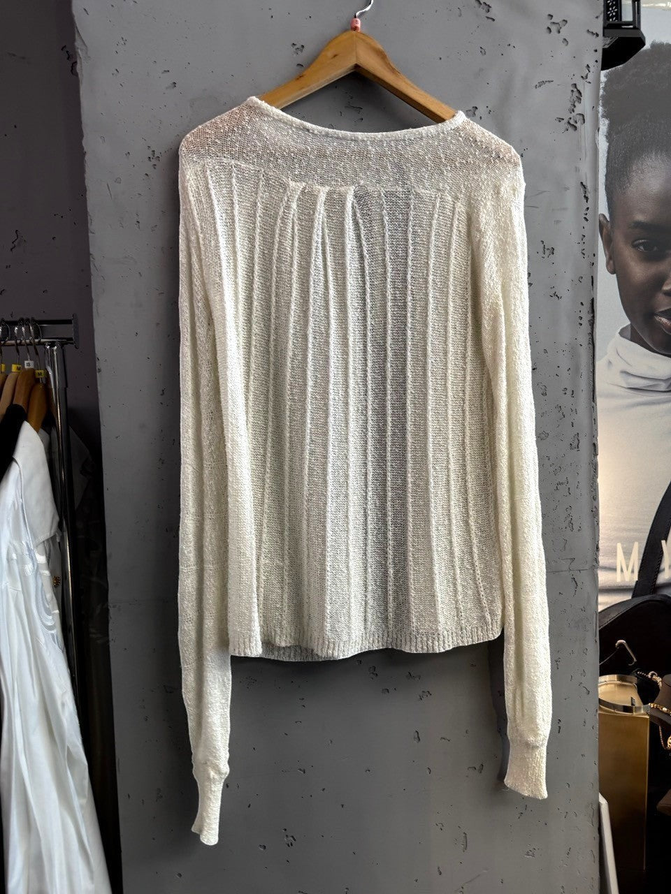 BERLIN VINTAGE CORNER off-white sheer knit long sleeve cardigan with vertical ribbing and boat neckline.