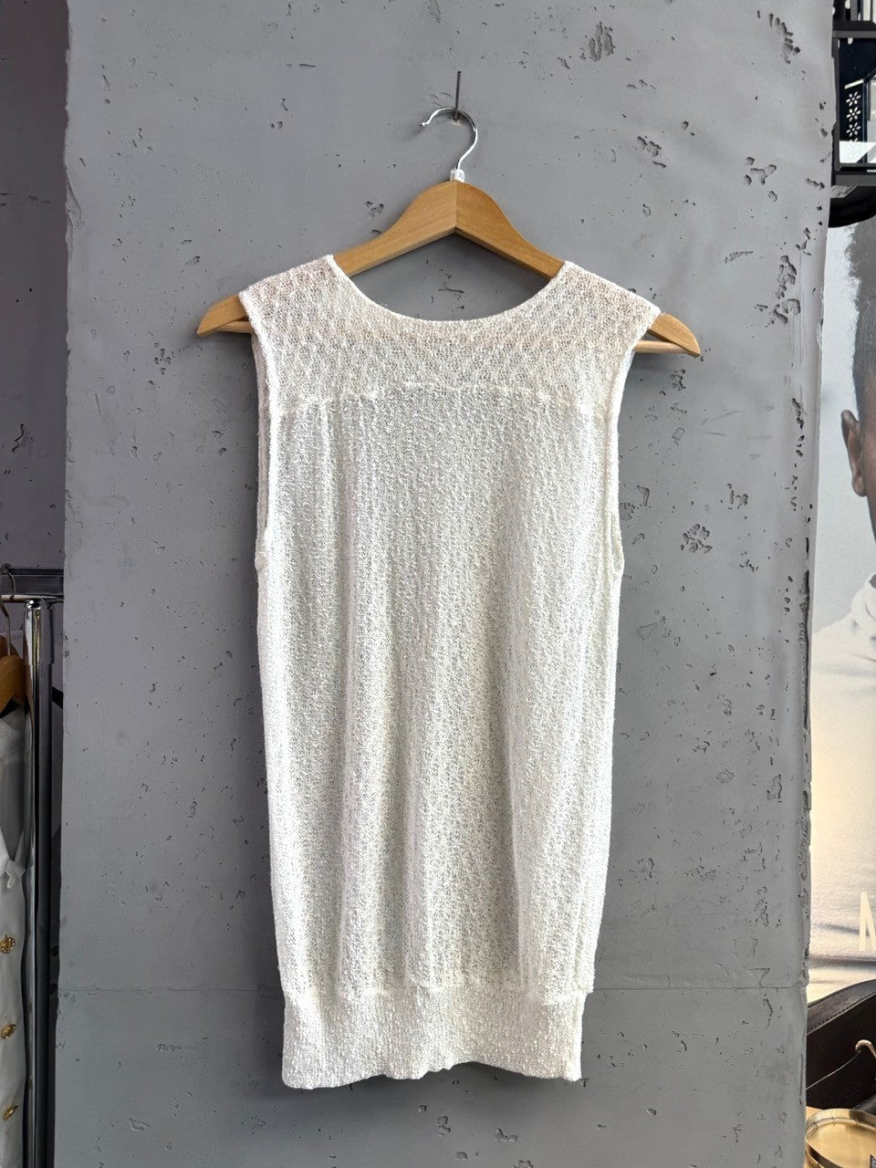 BERLIN VINTAGE CORNER off-white sheer knit sleeveless top with crew neckline and textured fabric.