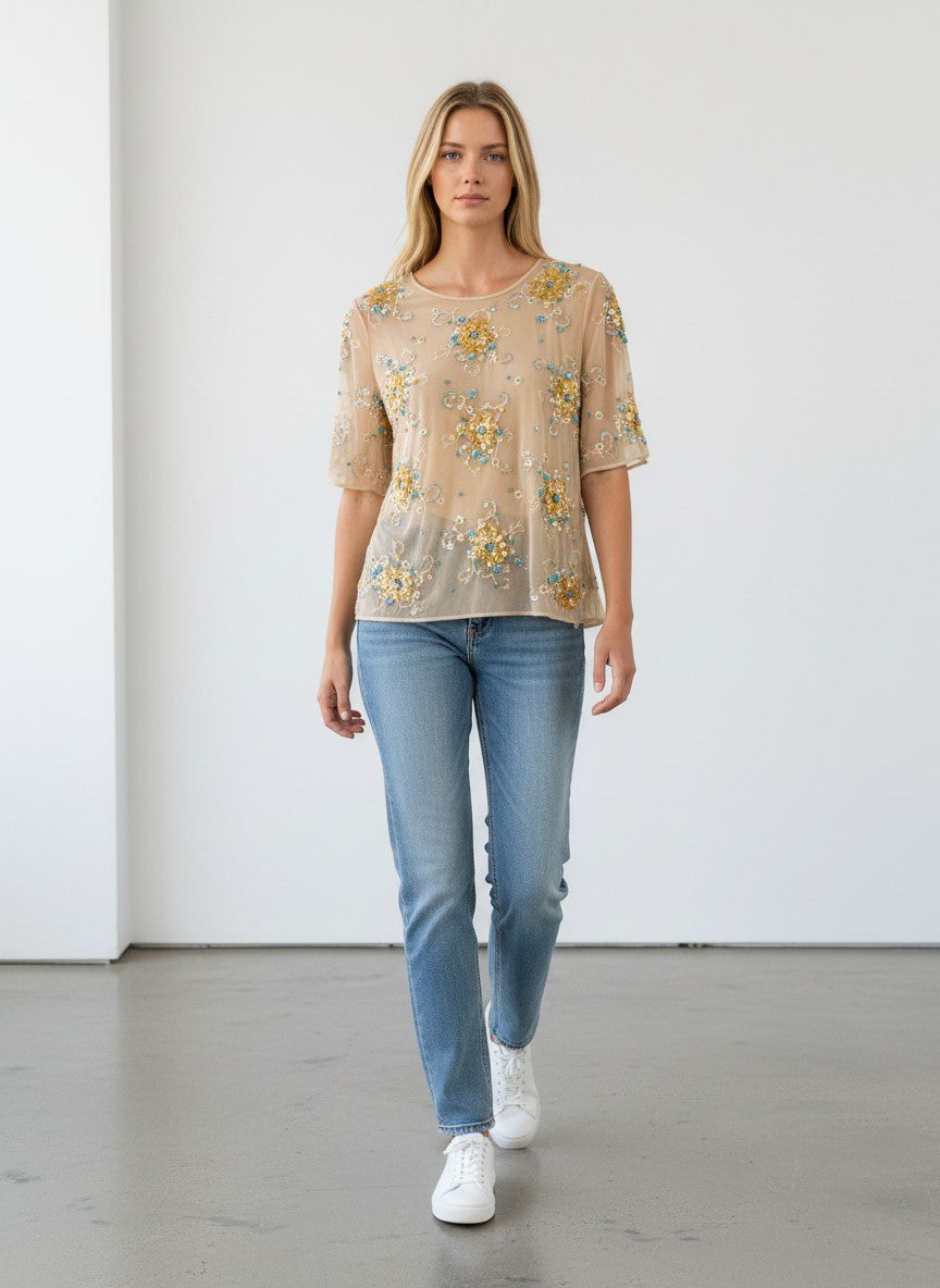 BERLIN VINTAGE CORNER sheer mesh blouse with short sleeves, embellished with gold and turquoise floral embroidery and beads.